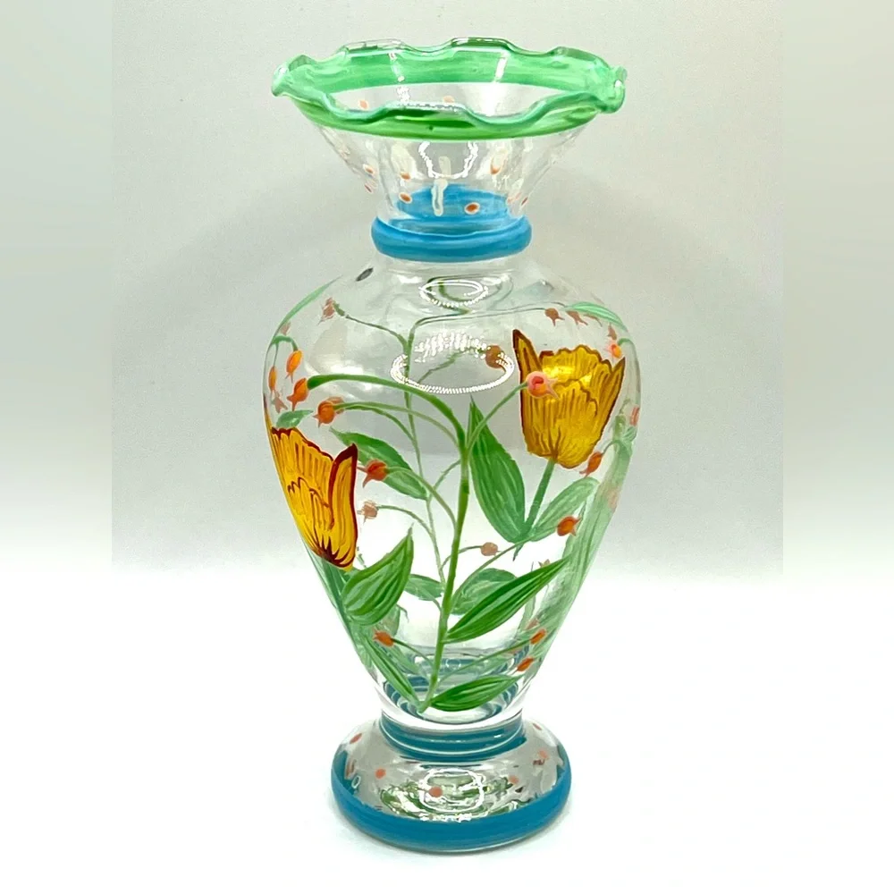 VTG Tracy Porter Hand Painted Glass Flower Vase Ruffled Rim Yellow Tulip 6.5 in